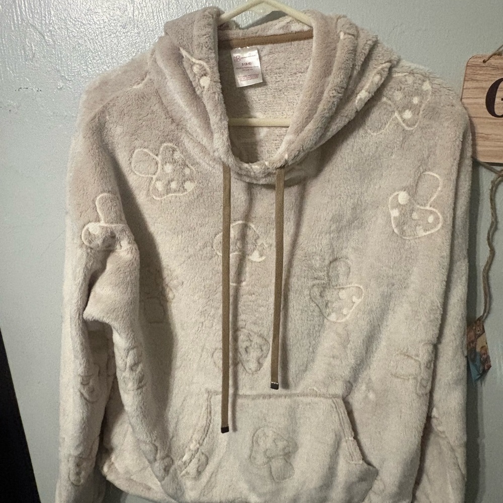 No Boundaries Plush Hooded Mushroom design Pullover in Light Taupe